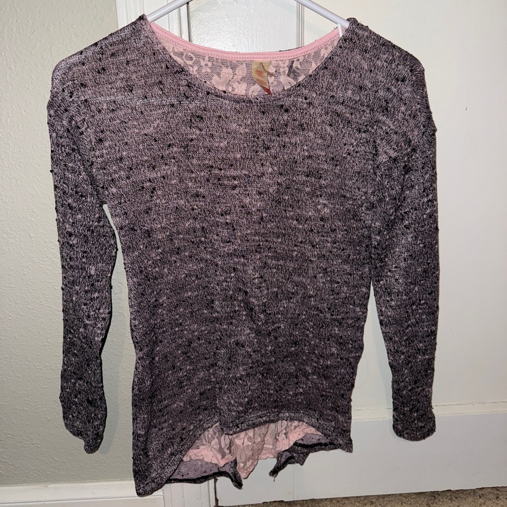 No Boundaries Juniors Pink and Gray Lace Sweater